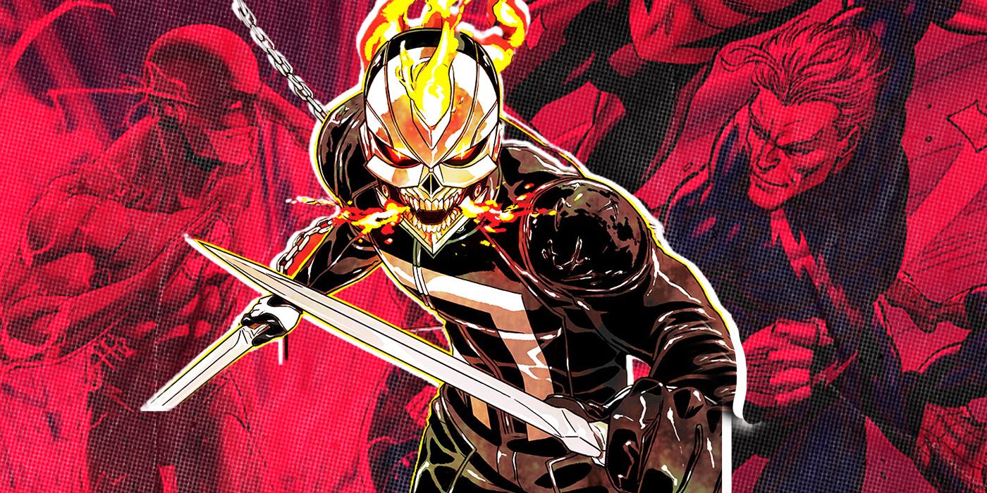 Robie Reyes Ghost Rider wielding knives in front of the Flash and Quicksilver