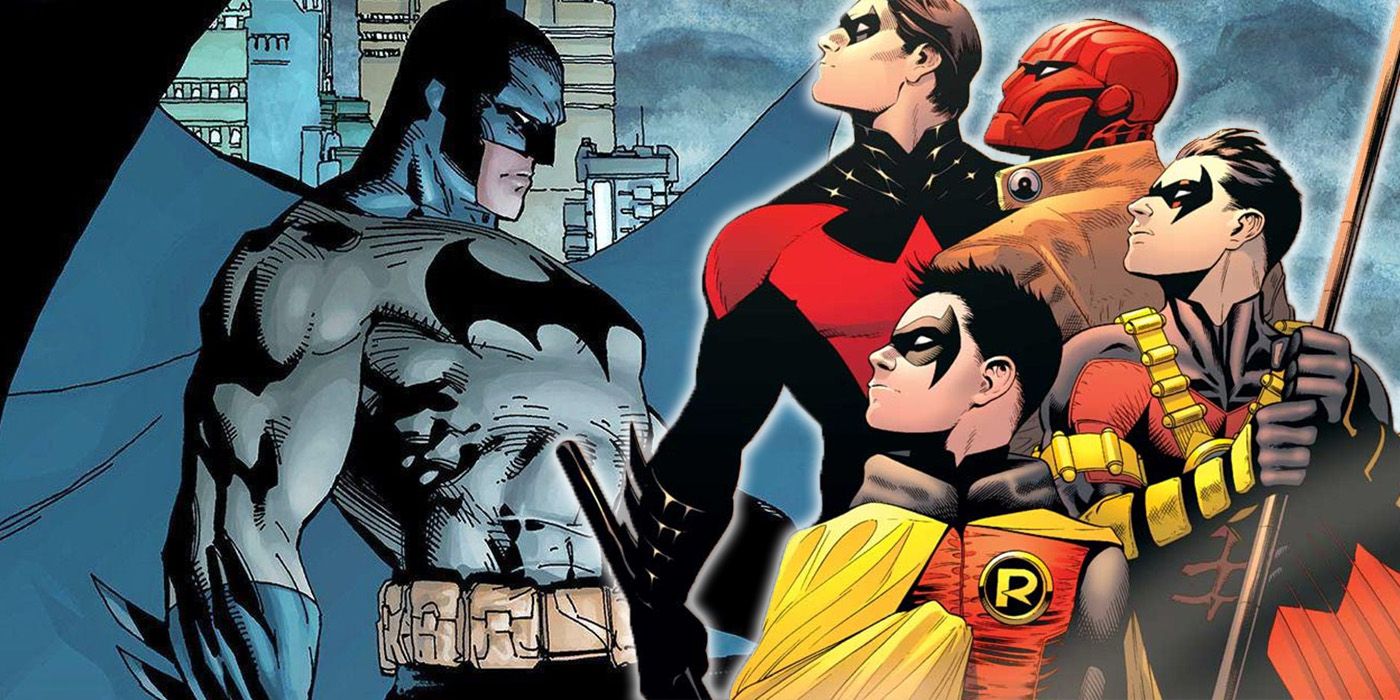 Batman stands on a rooftop while New 52 Nightwing, Red Hood, Red Robin and Damian Wayne stand together