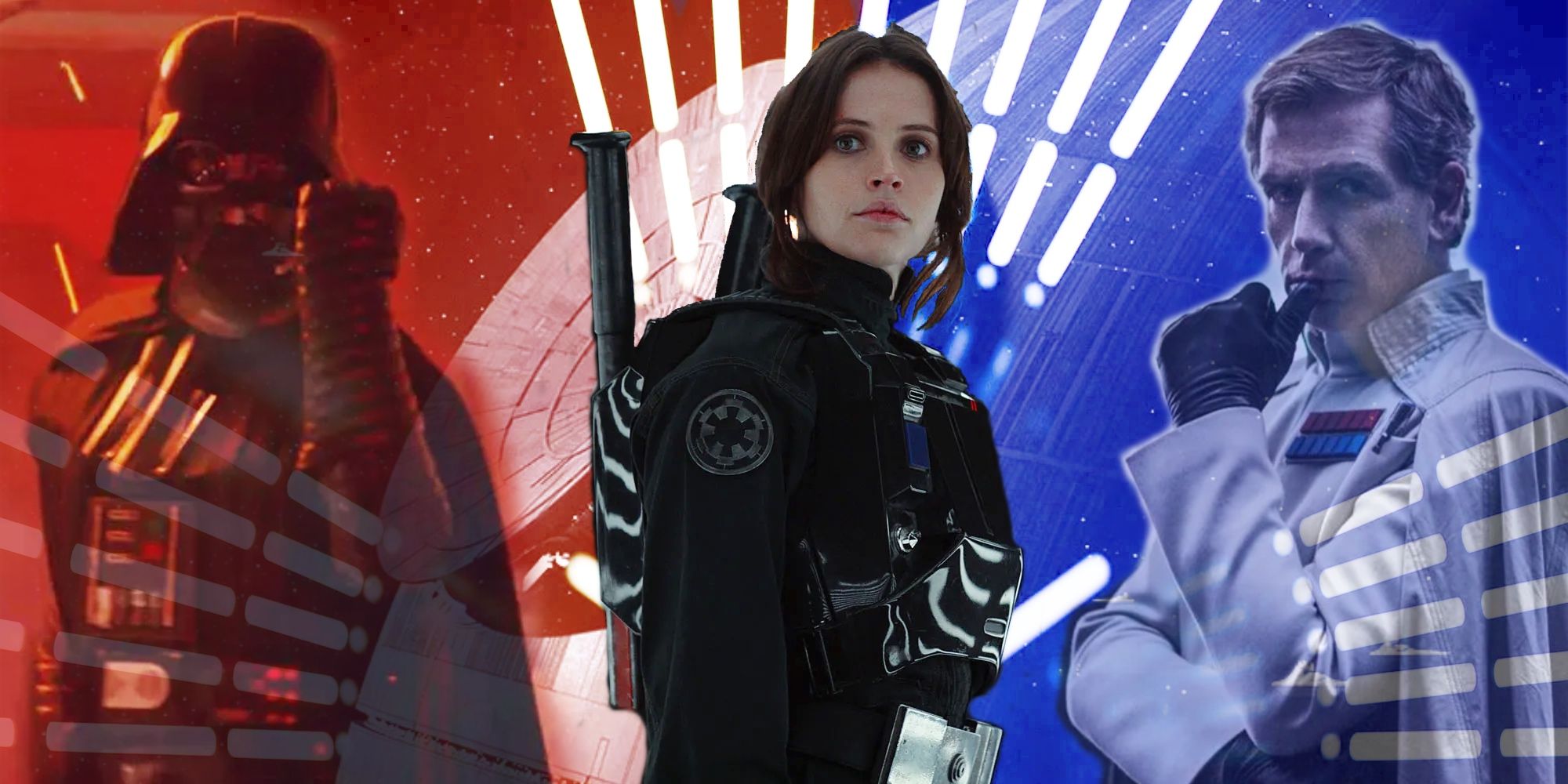 Rogue One Feature image depicting Jyn Erso at the center, and Darth Vader and Director Krennic on either side of her. Krennic and Vader are partially faded out to give prominence to Jyn, and all characters stand in front of the newly constructed Death Star with an orange to blue fade.