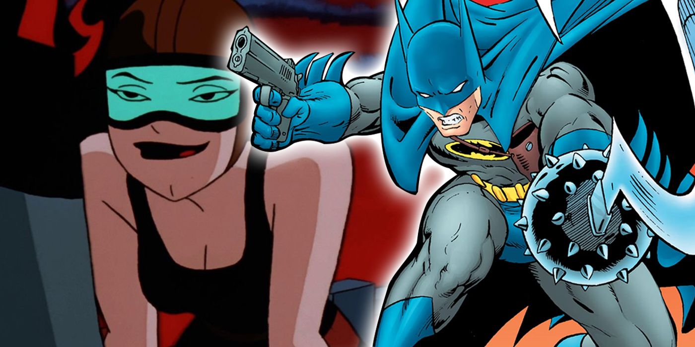 Roxy Rocket and Batman with a gun and mace in BTAS and DC Comics