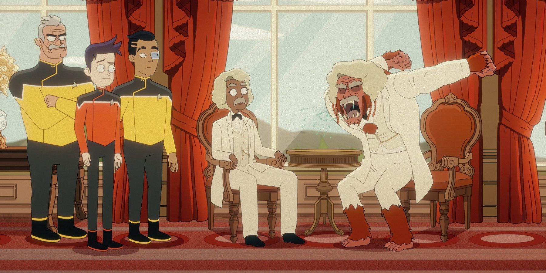 Rutherford, Boimler e Shaxs parados ao lado enquanto o Capitão Freeman e um Alien discutem vestido como Mark Twain nos conveses inferiores