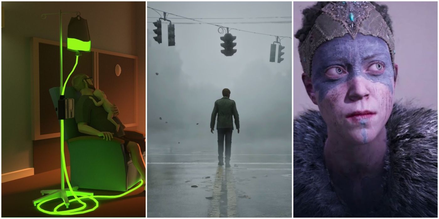 A split image showing That Dragon, Cancer; Silent Hill 2; and Hellblade: Senua's Sacrifice