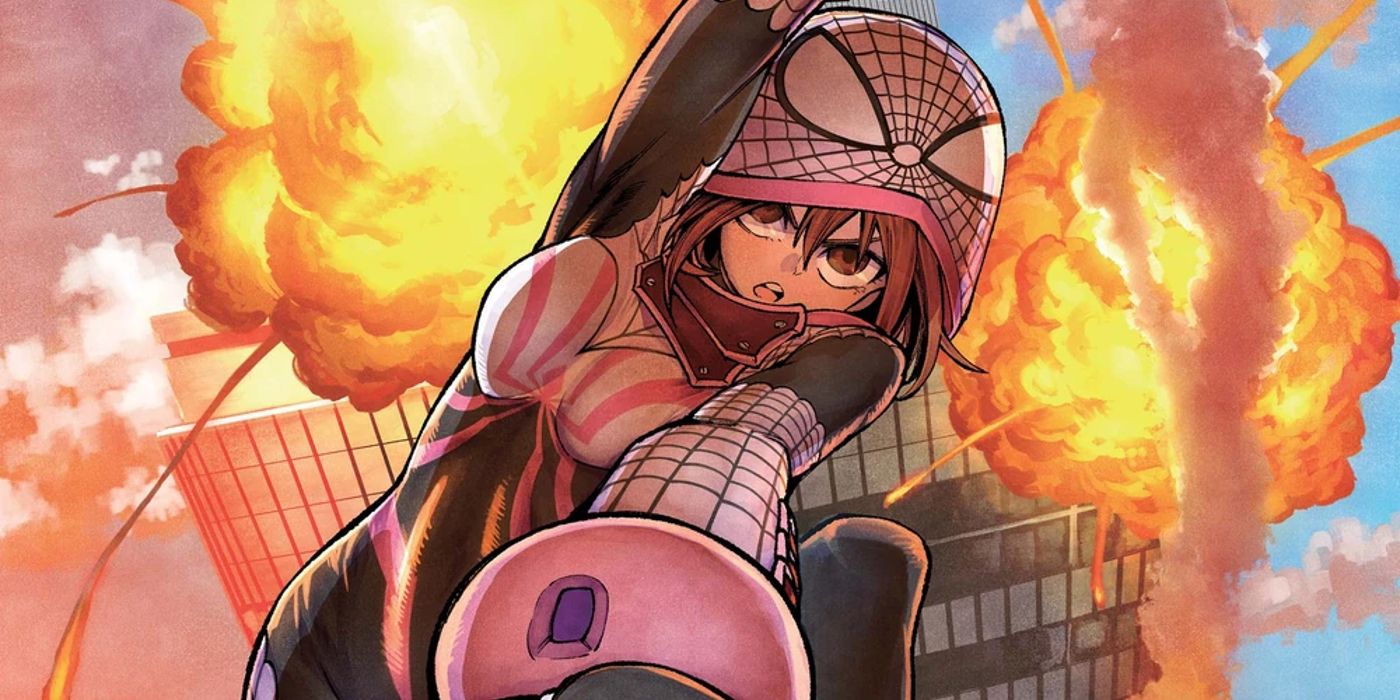 Hida Hakura in her sakura spider costume leaping toward the viewer away from a highrise explosion