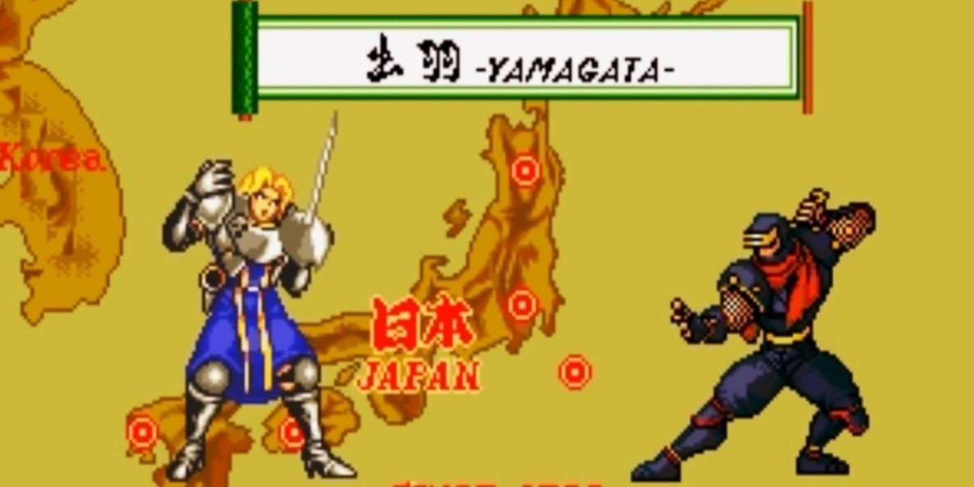 Dois lutadores se preparando para lutar na versão Gênesis de Samurai Shodown.