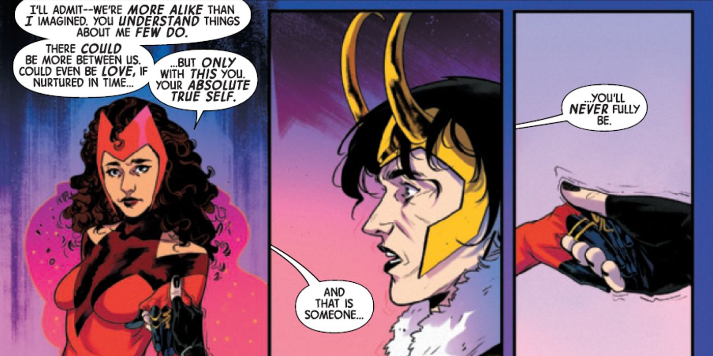 Feiticeira Escarlate explicando a Loki que eles nunca poderão ficar juntos porque Loki nunca será seu verdadeiro eu absoluto