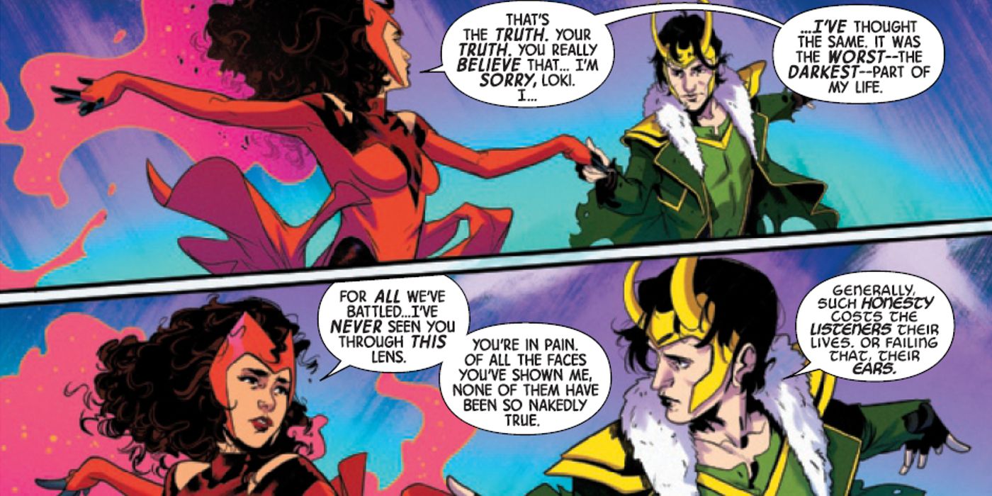 Feiticeira Escarlate e Loki andando de mãos dadas e sendo completamente honestos um com o outro