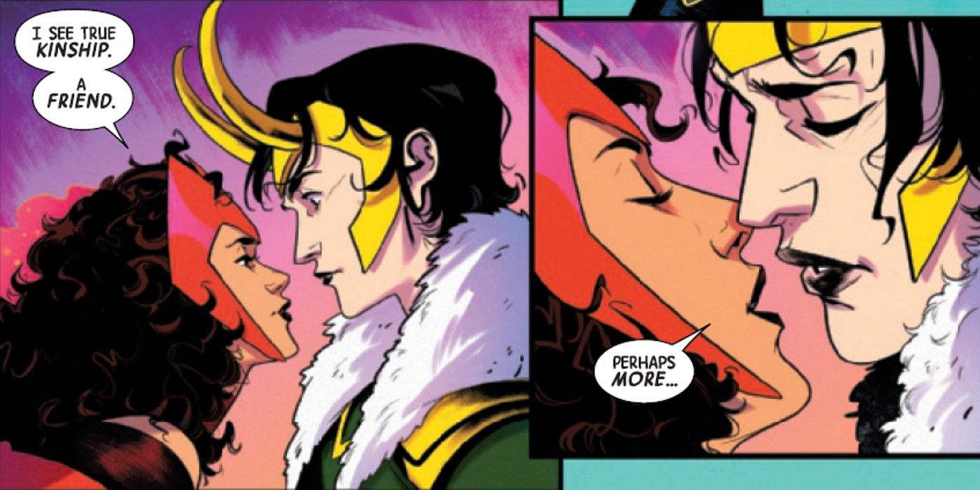 Feiticeira Escarlate quase beijando Loki depois de uma conversa particularmente intensa e honesta