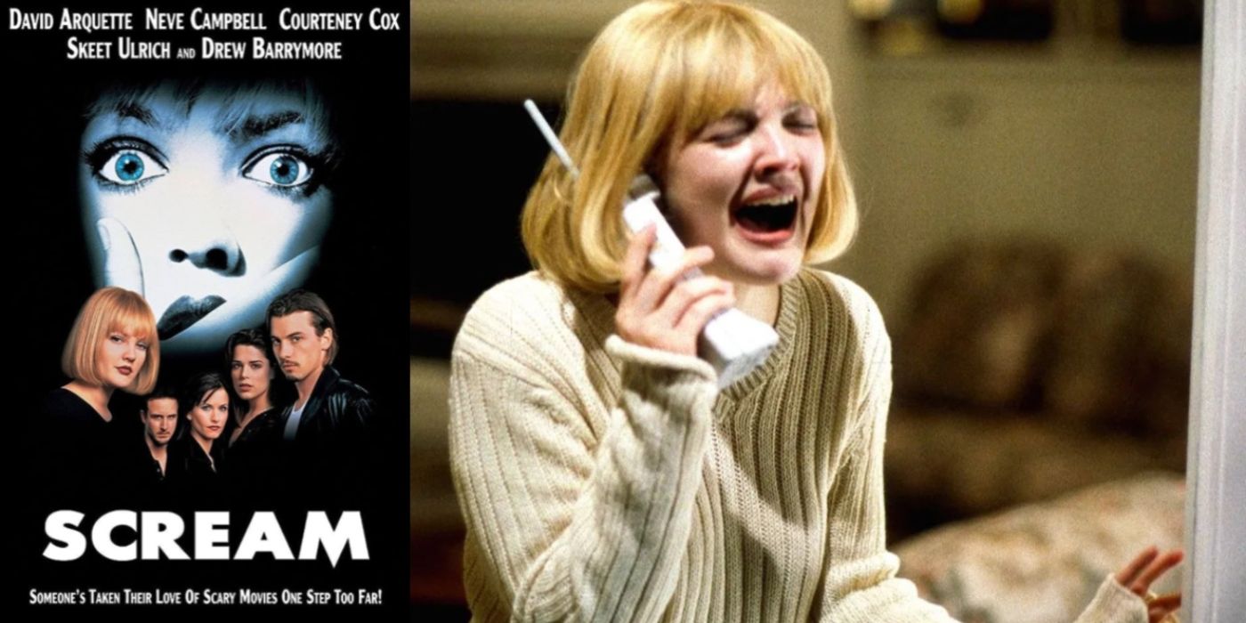 A split image of the Scream poster and Casey in Scream.