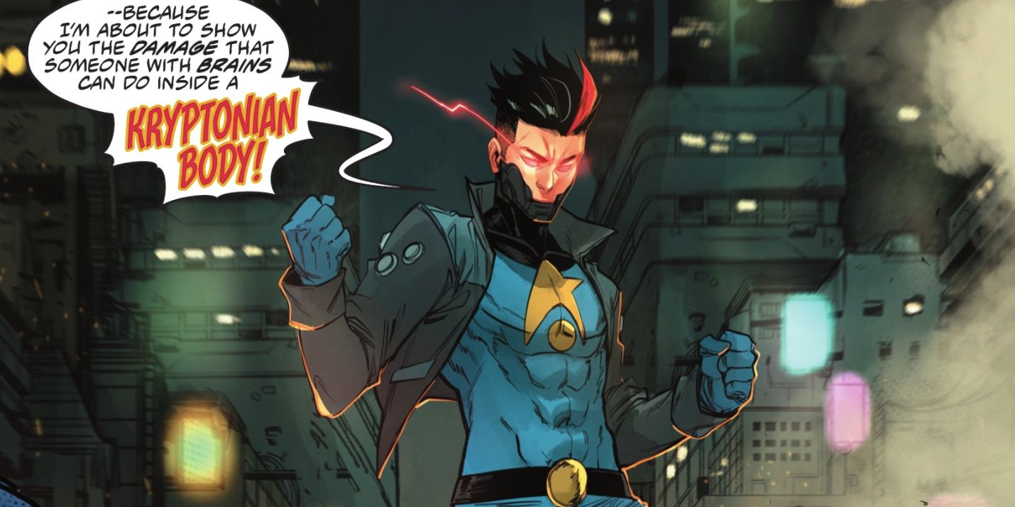 Travv flutuando no ar com olhos vermelhos brilhantes em um novo corpo kryptoniano da DC Comics