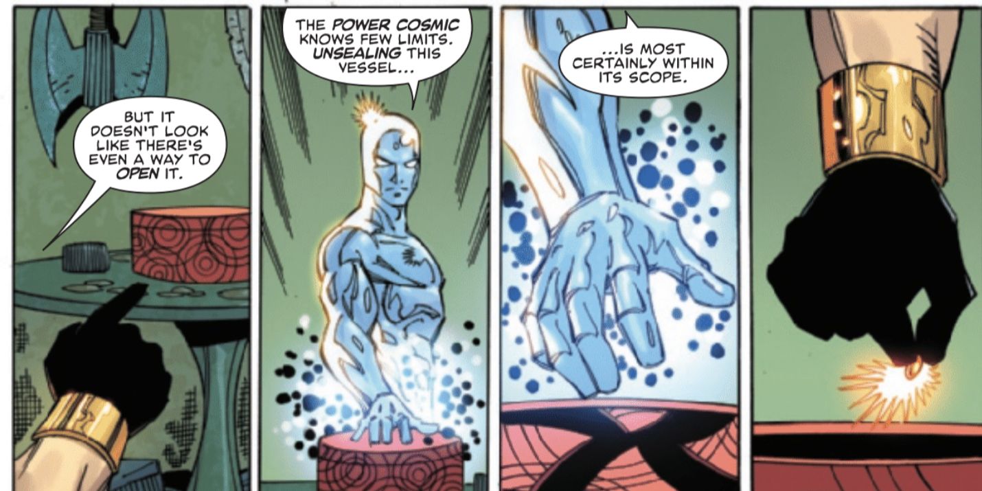 Mephisto fingindo ser o Surfista Prateado roubando a Joia do Tempo da Marvel Comics