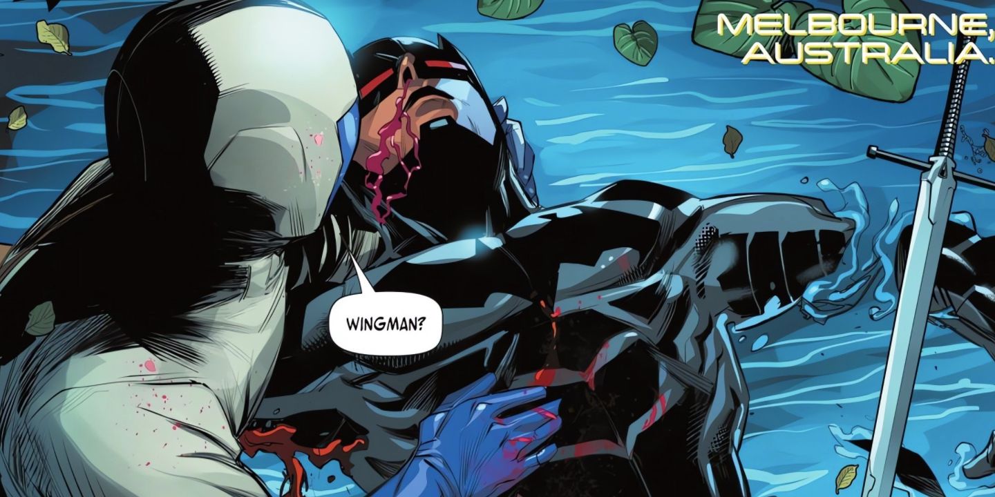 Dark Ranger segurando Wingman falecido em Melbourne, Austrália da DC Comics