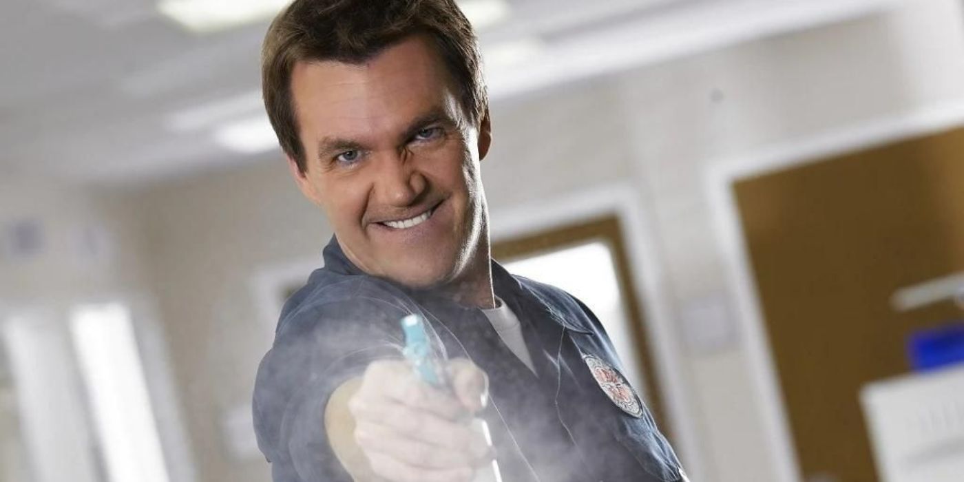 The unnamed janitor on Scrubs sprays water into the camera