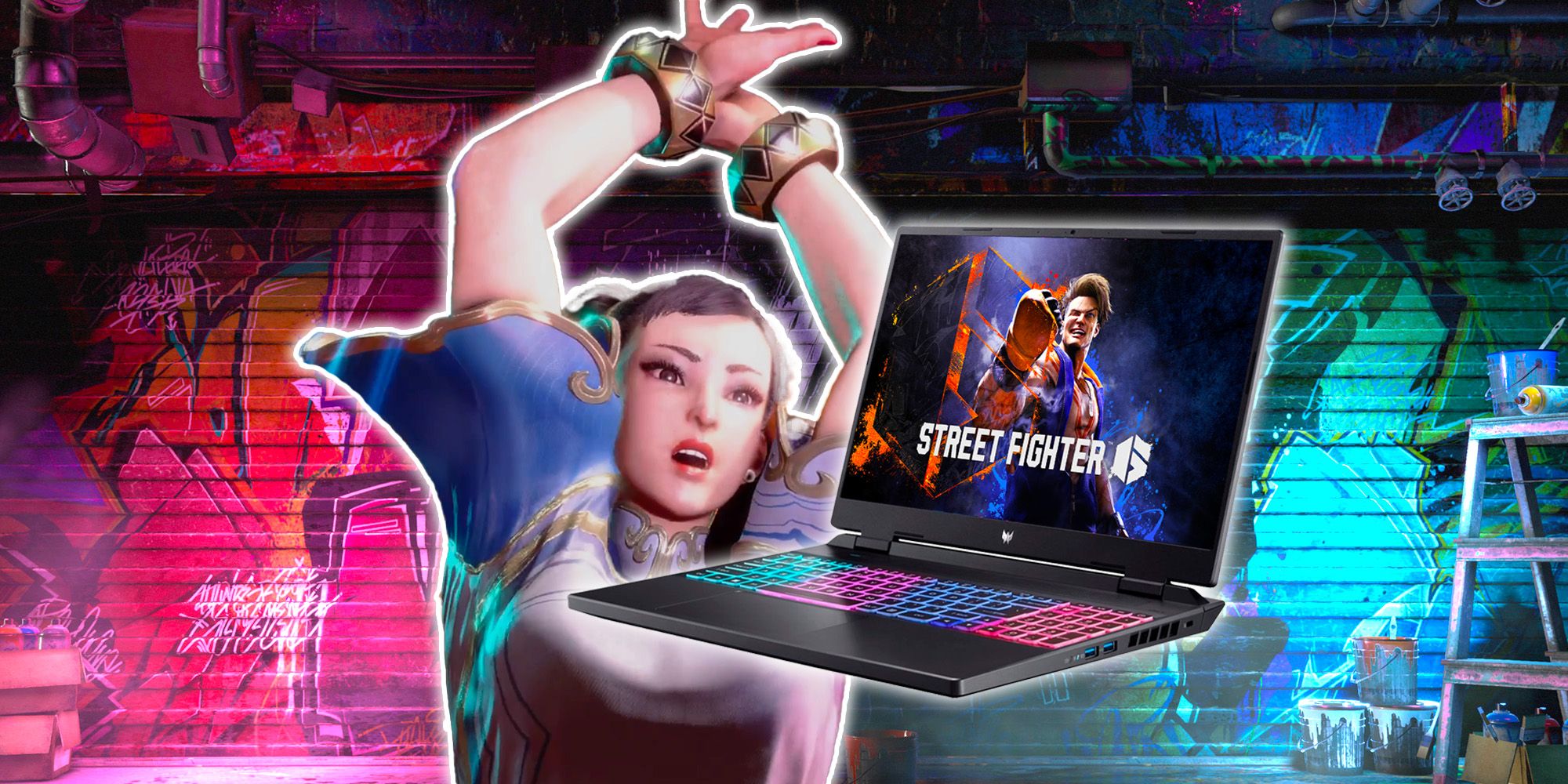 Street Fighter 6 background with Chun Li stretching and a PC with SF6 start screen.