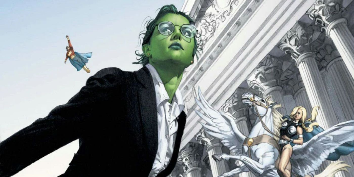 She-Hulk vai ao tribunal enquanto heróis como Valquíria cumprimentam sua entrada.