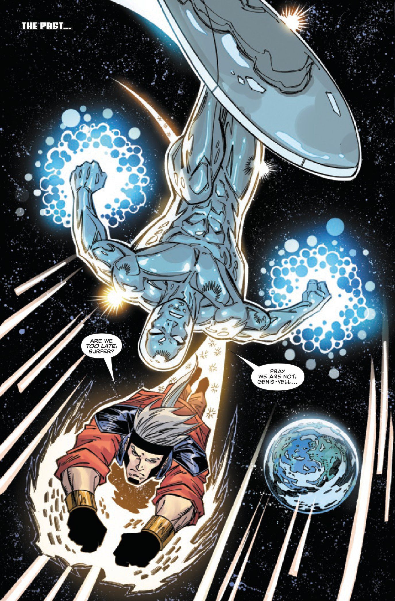 Silver Surfer e Genis-Vell atendem a uma emergência em Silver Surfer Rebirth Legacy #1