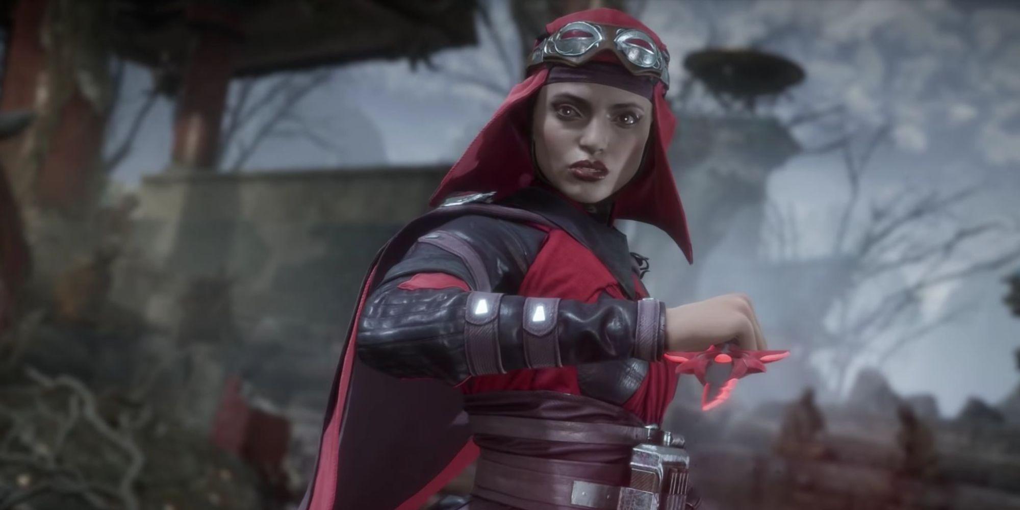 Skarlet readying her knife during her character introduction in Mortal Kombat 11