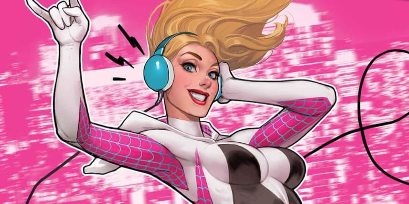 Spider-Gwen swinging while listening to headphones.