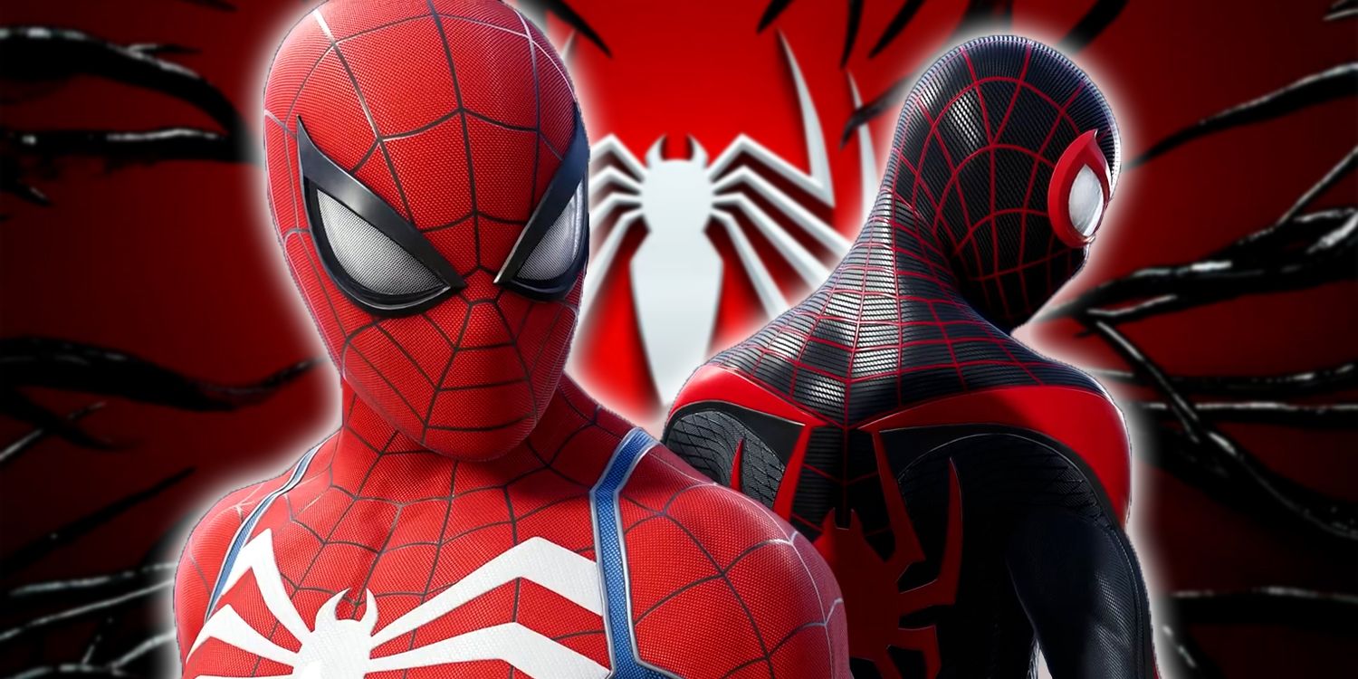 Spider-Man and Miles Morales in front of corrupted Spider-Man logo