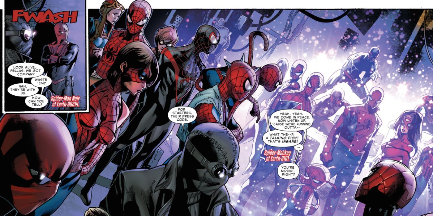 The various Spider-People in the original comic book Spider-Verse storyline.