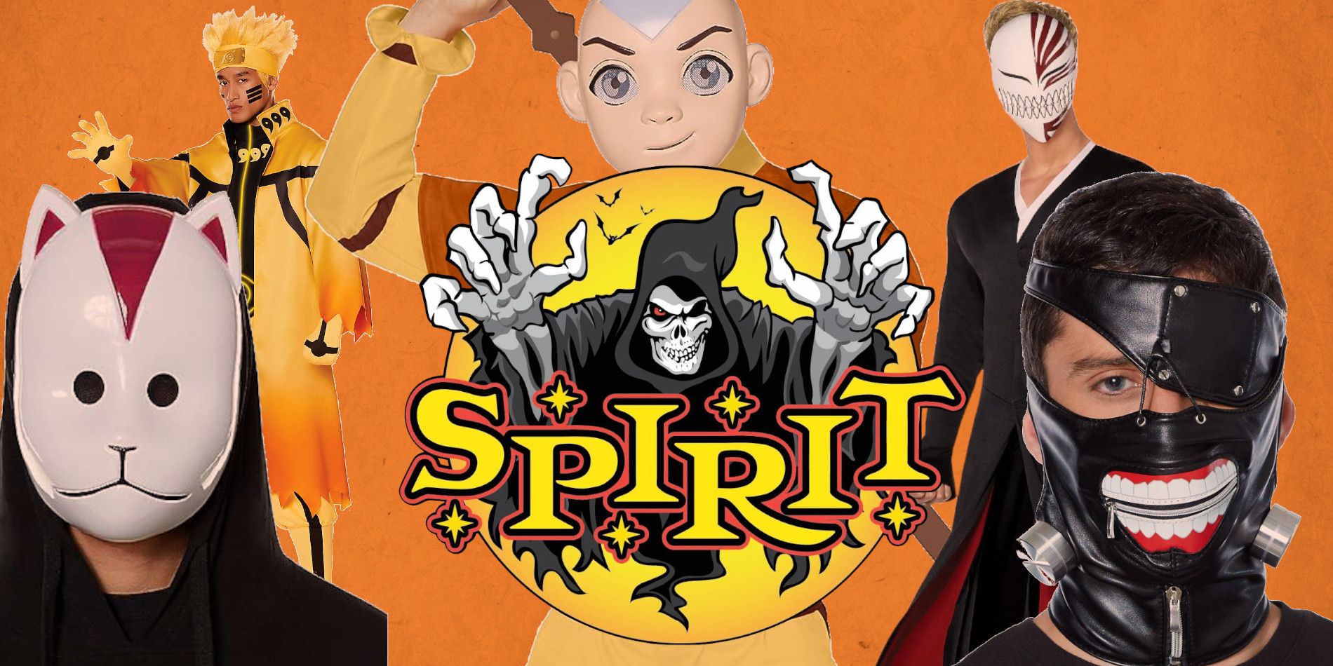 The Spirit Halloween logo surrounded by costumes based on Bleach, Naruto and Avatar