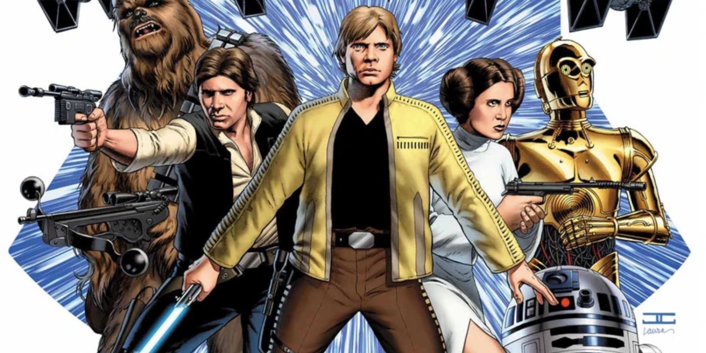 Chewbacca, Han, Luke, Leia, C-3PO e R2-D2 na capa do carro-chefe da história em quadrinhos de Star Wars.