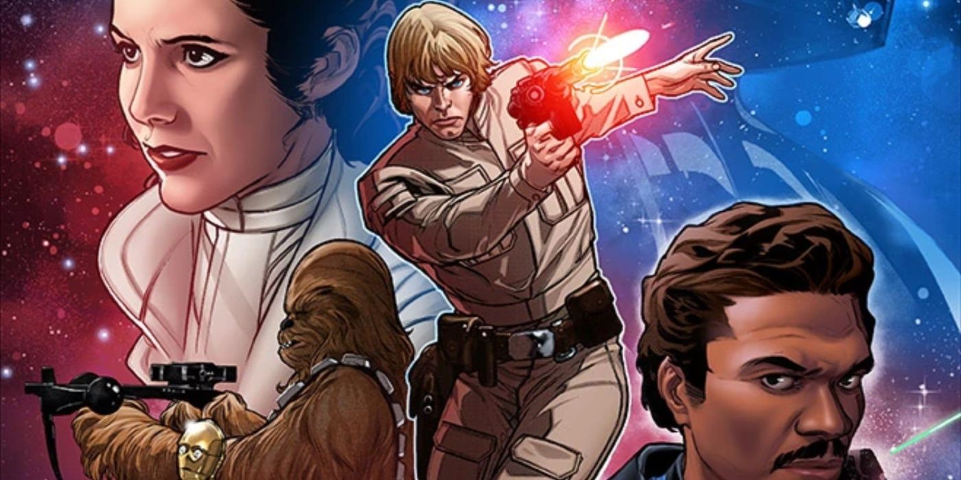 Leia, Chewbacca, Luke e Lando em uma colagem de capa da série de quadrinhos Star Wars de 2020.