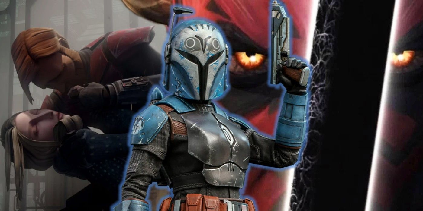 A collage image showcasing the death of Satine Kryze from Star Wars: The Clone Wars, Bo-Katan as she appears in The Mandalorian, and Darth Maul holding the Darksaber