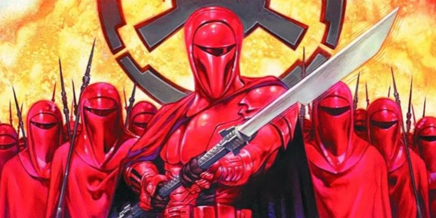 Kir Kanos com arma na mão com os Guardas Reais Imperiais atrás dele em Star Wars: Crimson Empire.