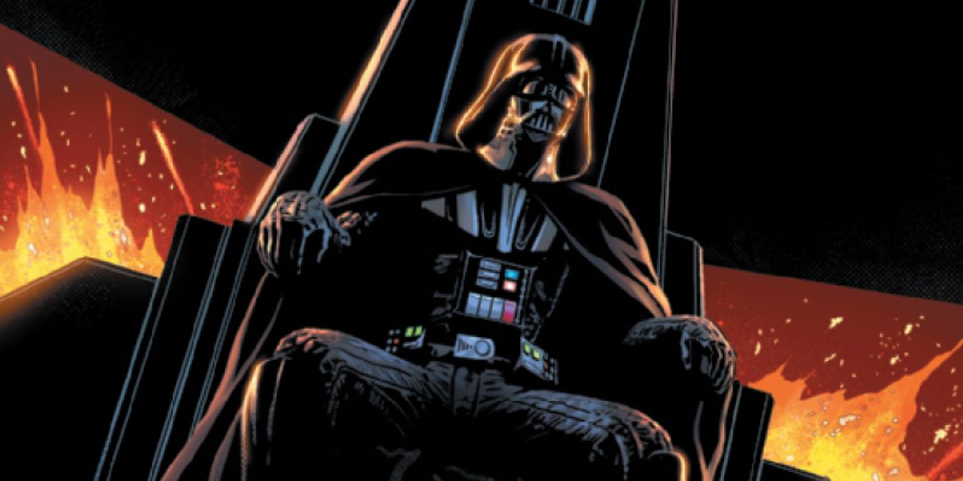 Darth Vader sentado em seu trono diante de explosões no espaço nos quadrinhos de Star Wars
