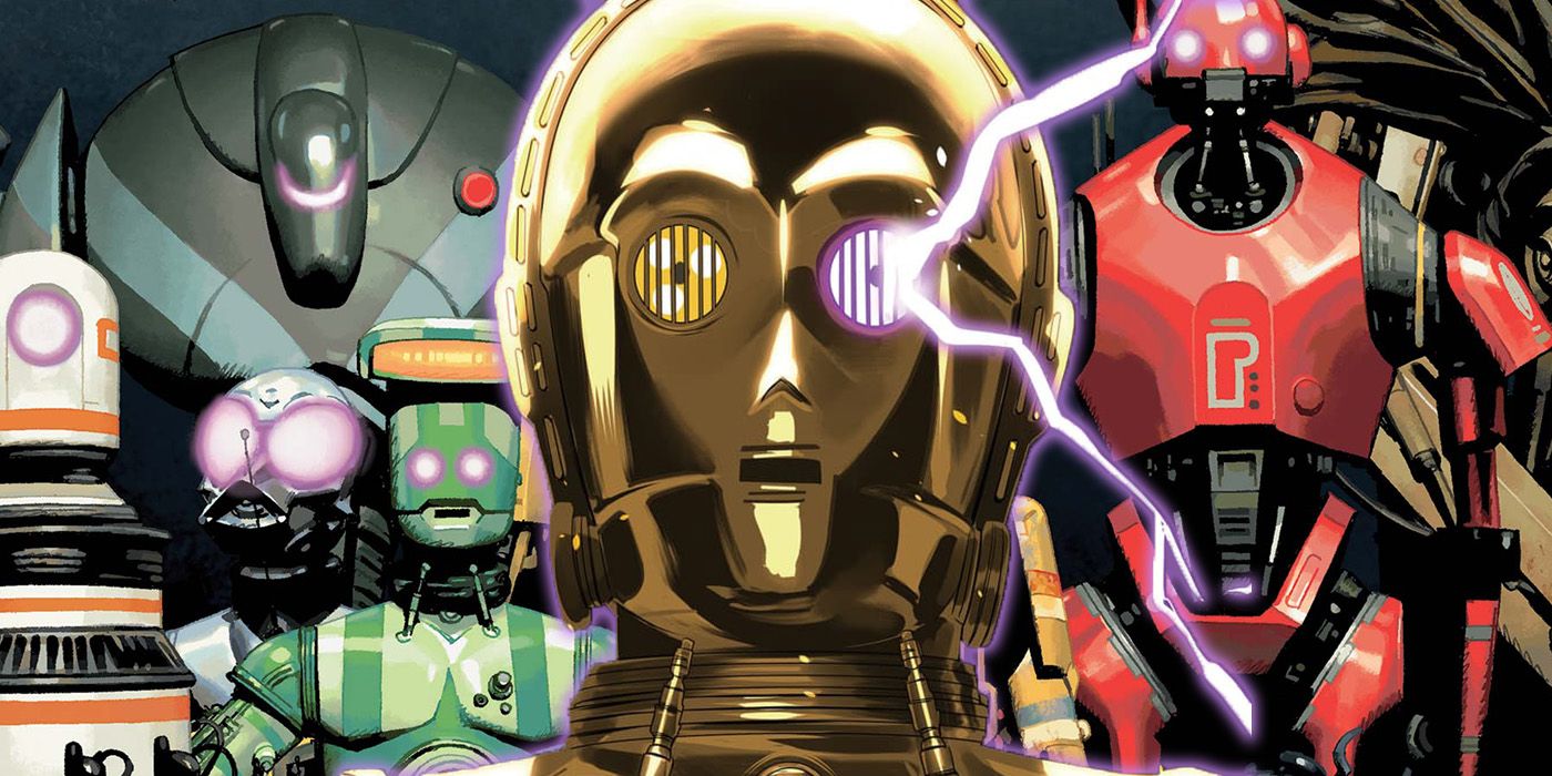 Um raio sai do olho de C-3PO enquanto velhos dróides de Star Wars estão atrás dele
