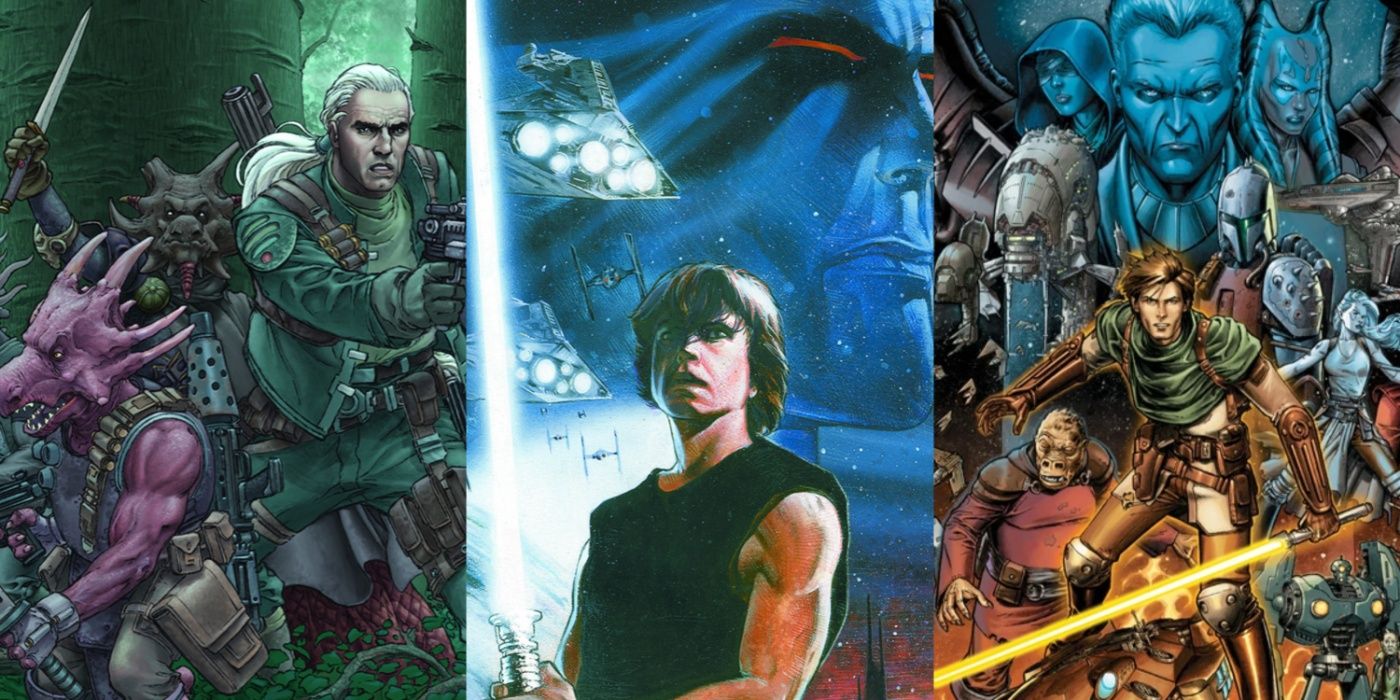 Split image of Star Wars: Dark Times, Heir to the Empire, and Knights of the Old Republic covers.