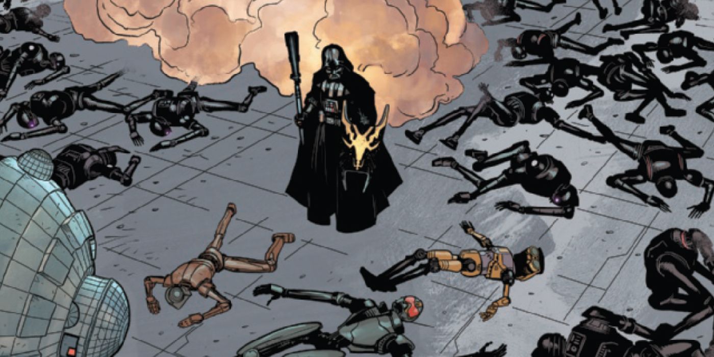 Darth Vader cercado por um exército de dróides abatidos que ele acabou de derrotar em batalha