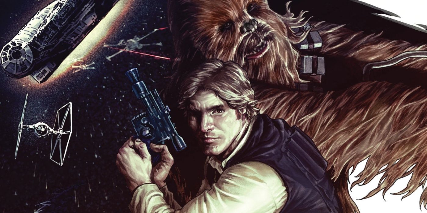 Han Solo com Chewbacca na capa da minissérie de quadrinhos do herói Star Wars.