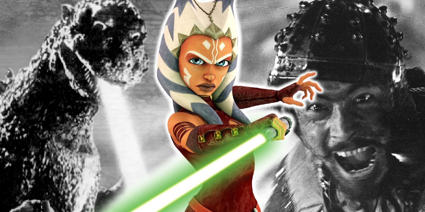 Ahsoka Tano de Star Wars: The Clone Wars, frente a imágenes de Godzilla y Seven Samurai.