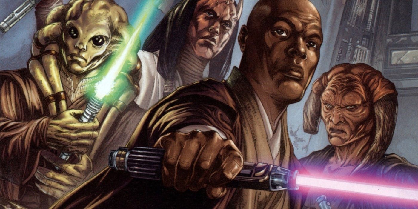 Arte da capa de Star Wars: Republic apresentando Mace Windu com um grupo de aliados Jedi.
