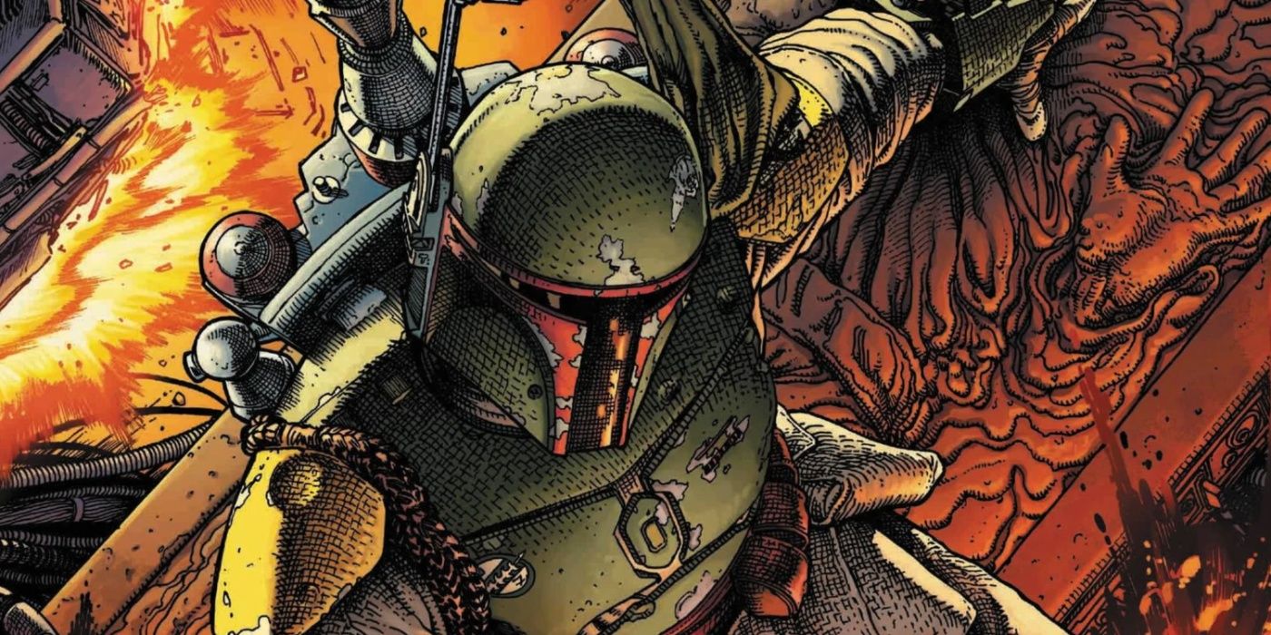 Boba Fett tentando transportar Han Solo congelado na arte da capa de Star Wars para War of the Bounty Hunters.