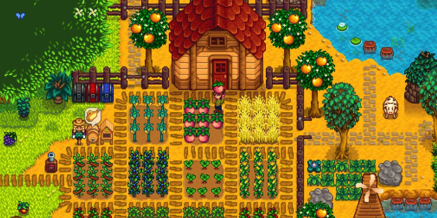 An overhead shot of a farm in Stardew Valley. The farmer is currently harvesting melons.
