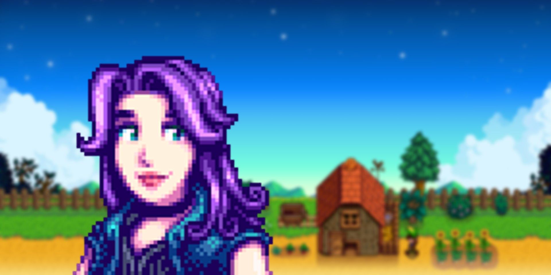 Abigail from Stardew Valley on a slightly blurred farm background