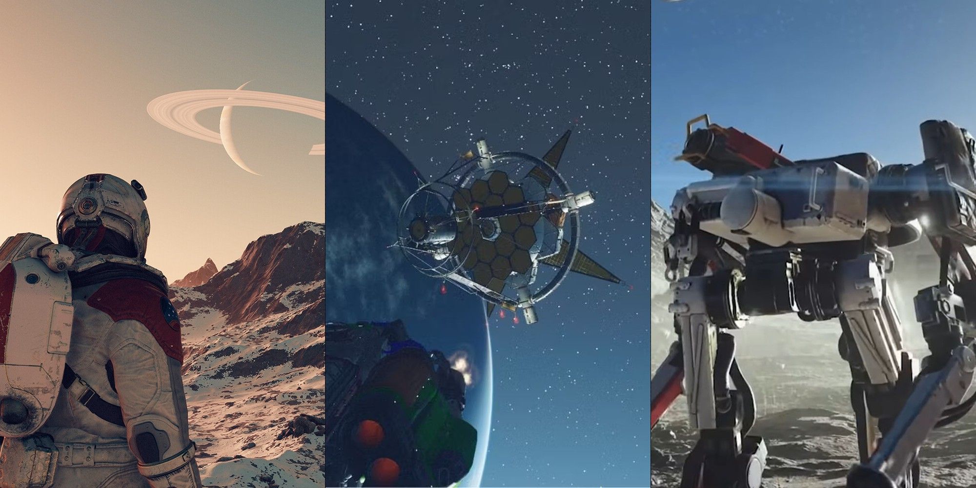 A split image of the player character on a planet, a spaceship in space, and a robot in Starfield