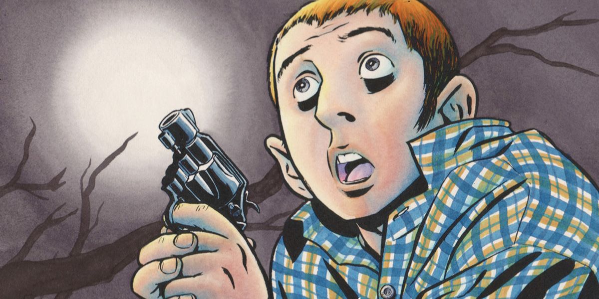 A man looks fearful while holding a gun on the cover of Stray Bullets