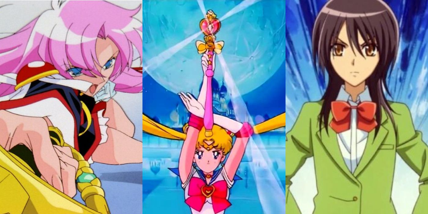 Images of Utena Tenjou wielding her sword in Revolutionary Girl Utena (left), Sailor Moon using her wand to attack (center), and Misaki Ayuzawa looking determined in Maid Sama (right)