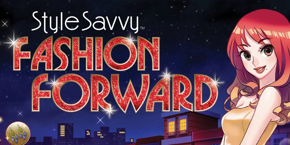 Parte da boxart de Style Savvy: Fashion Forward no Nintendo 3DS.  Uma garota ruiva com um vestido amarelo fica em uma cidade à noite.