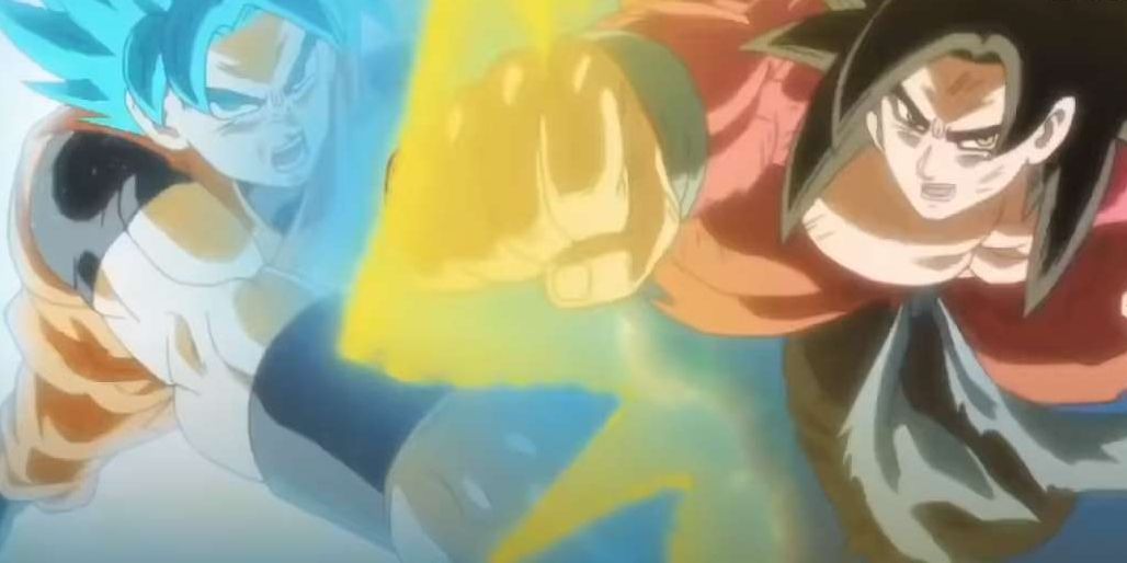 Super Saiyan Blue y Super Saiyan 4 Goku trabajan juntos en Heroes of Super Dragon Ball.