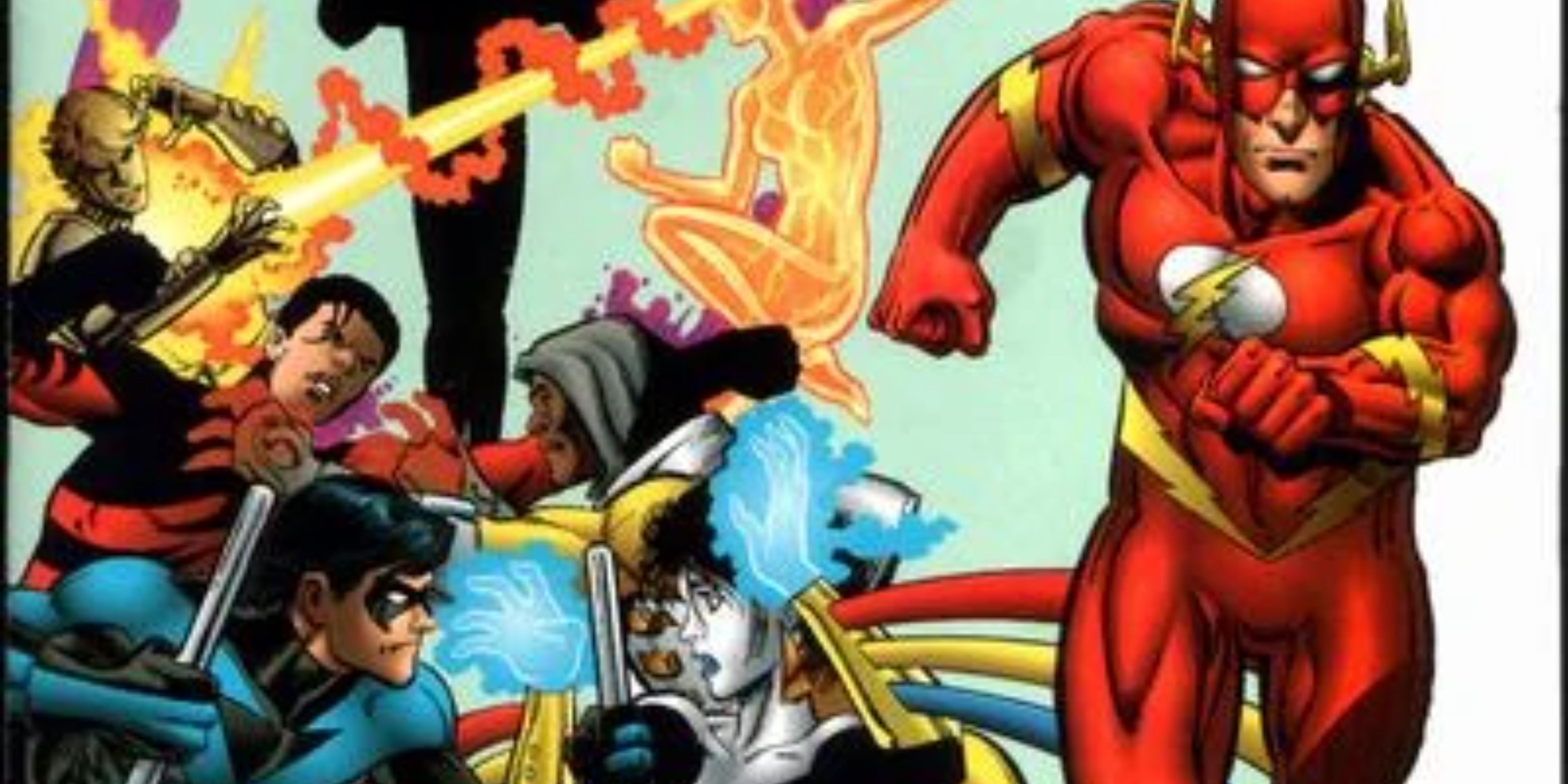 The Teen Titans (lead by The Atom) fight the original Titans.