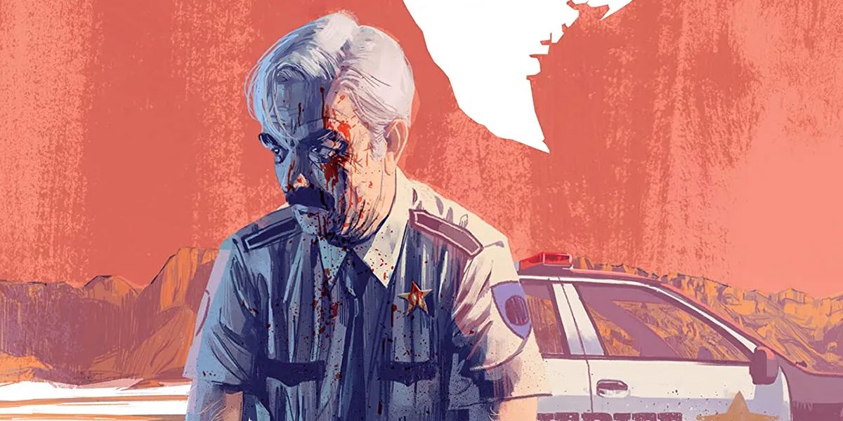 Um xerife sentado coberto de sangue na capa de That Texas Blood da Image Comics