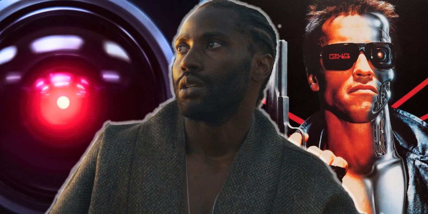 John David Washington in The Creator (centre), The HAL 9000 from 2001: A space Odyssey (left) and Arnold Schwarzenegger as the T-800 from a promotional image for the first Terminator (right) 
