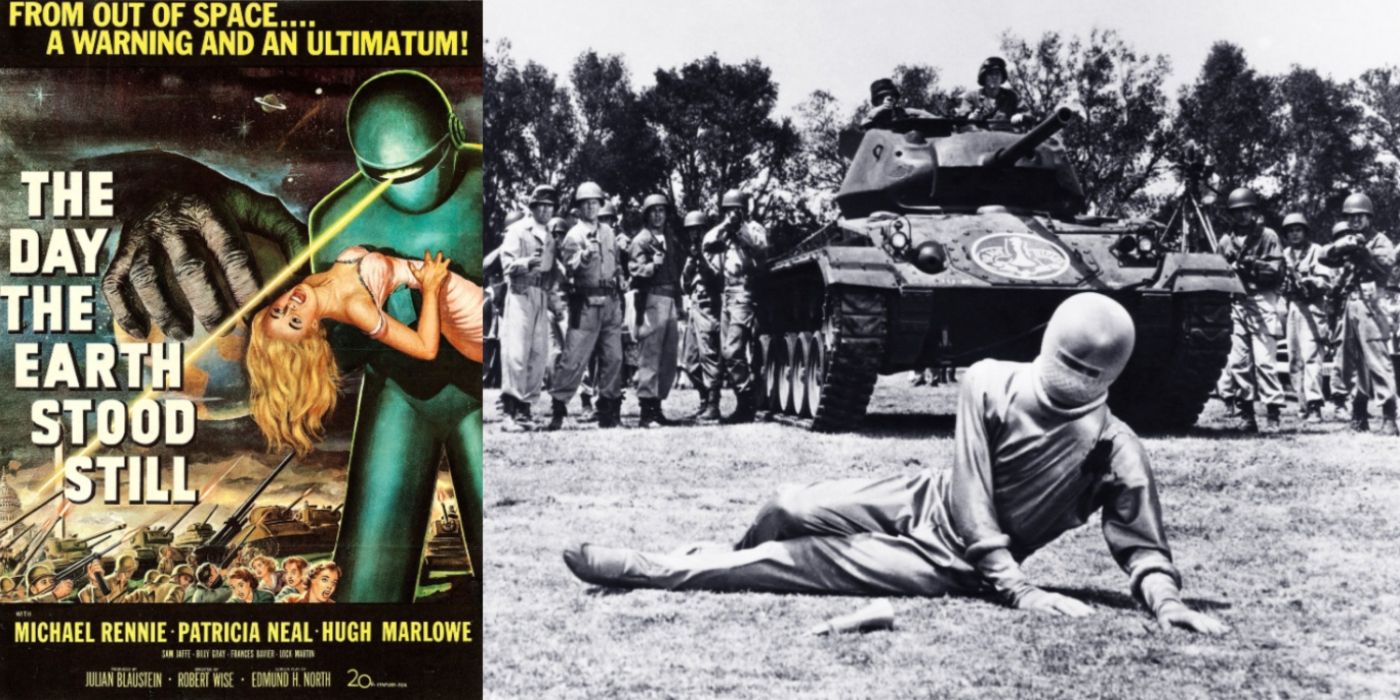 A split image of the The Day the Earth Stood Still poster and Klaatu's arrival in The Day the Earth Stood Still.