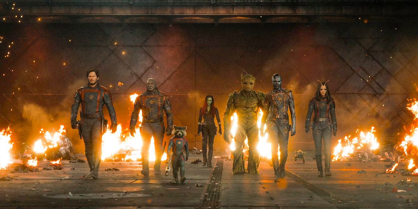 The Guardians of the Galaxy (Peter Quill, Drax, Rocket Raccoon, Gamora, Groot, Nebula, and Mantis) walking through fire in Guardians of the Galaxy: Volume 3