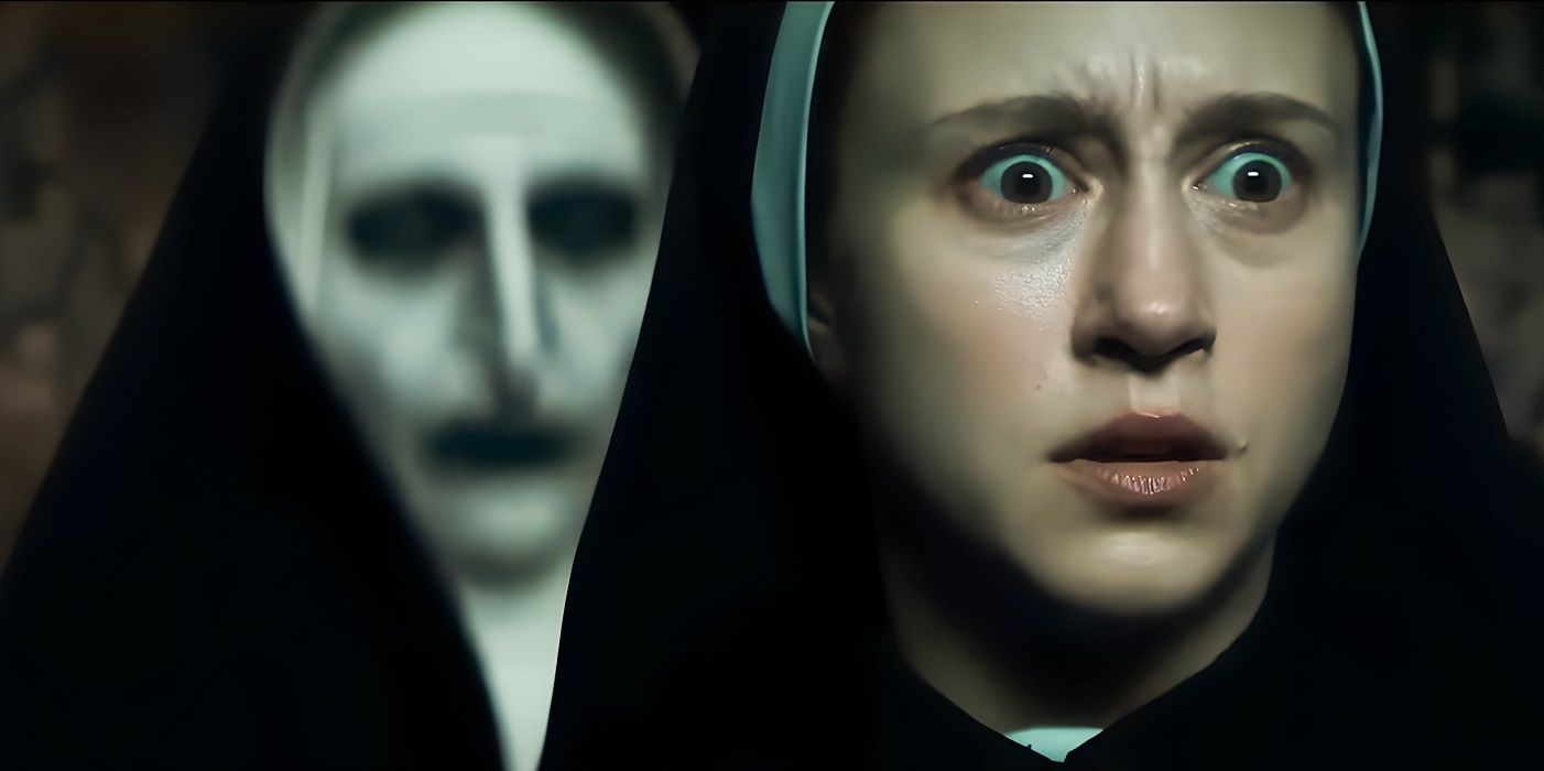 The Nun II scene, Sister Irene is stalked by Valak.