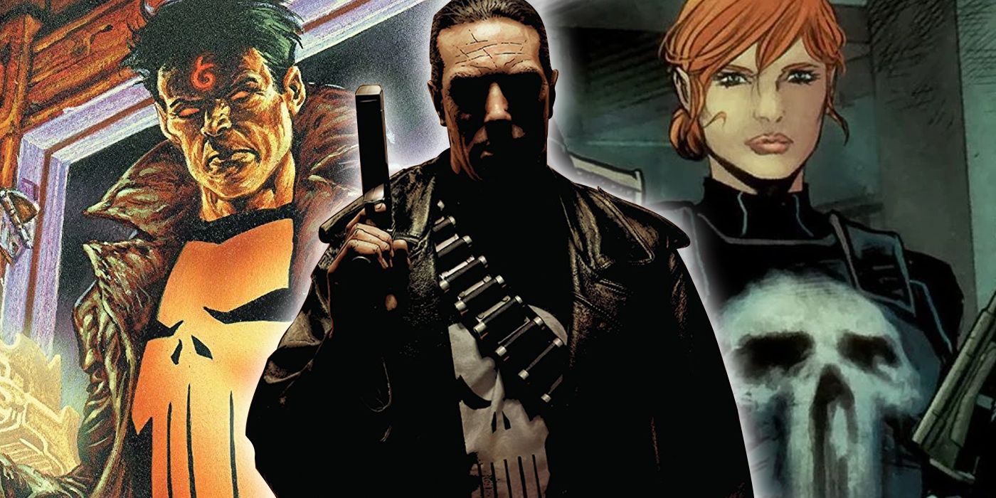 Composite of Punisher variants (Avenging Angel, MAX Punisher, Rachel Cole-Alves) in Marvel Comics